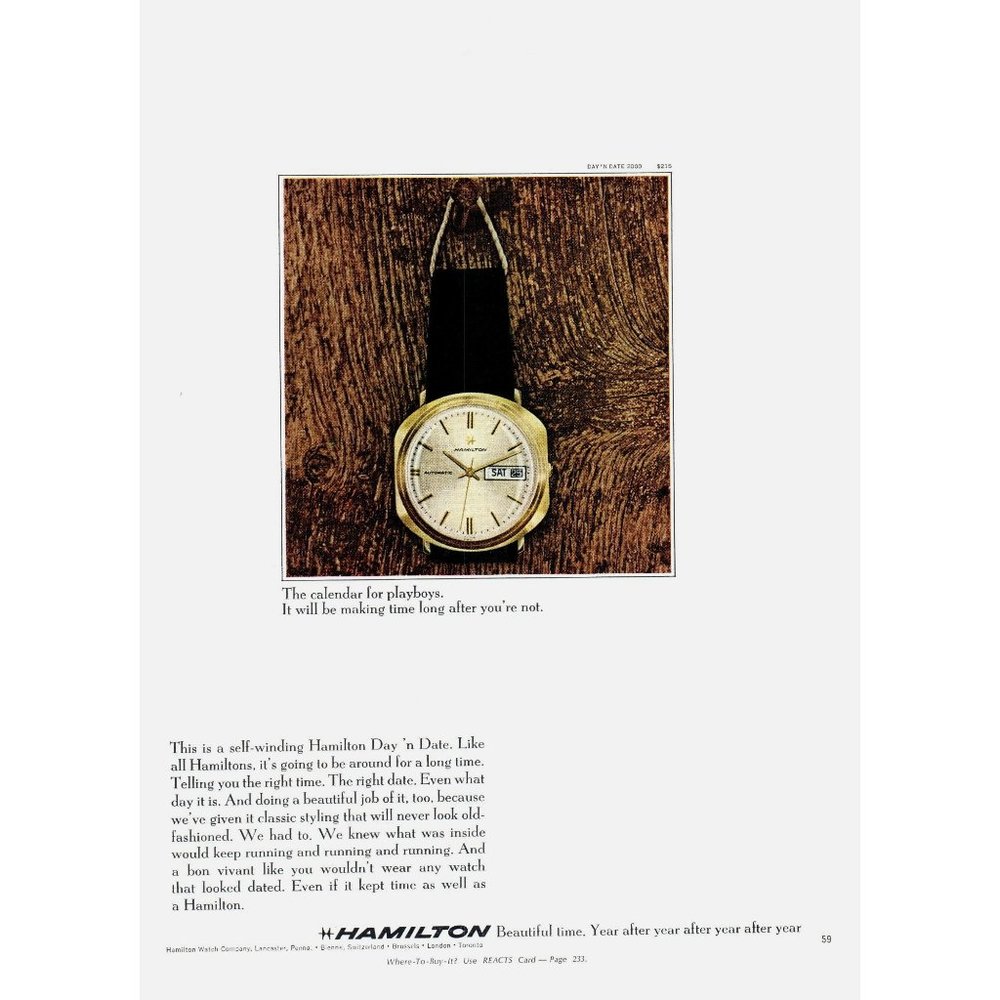 1969 Hamilton Self Winding Day N Date Watch Vintage Print Ad Calendar Playboy